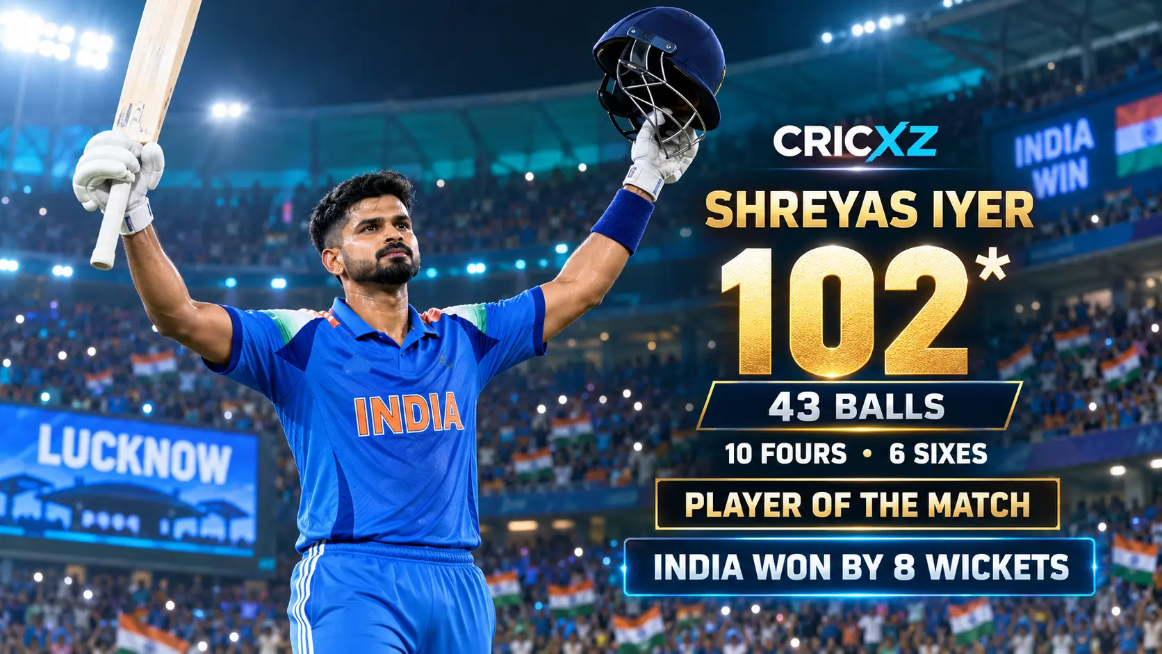 CricXZ graphic celebrating Shreyas Iyer's unbeaten 102 against West Indies