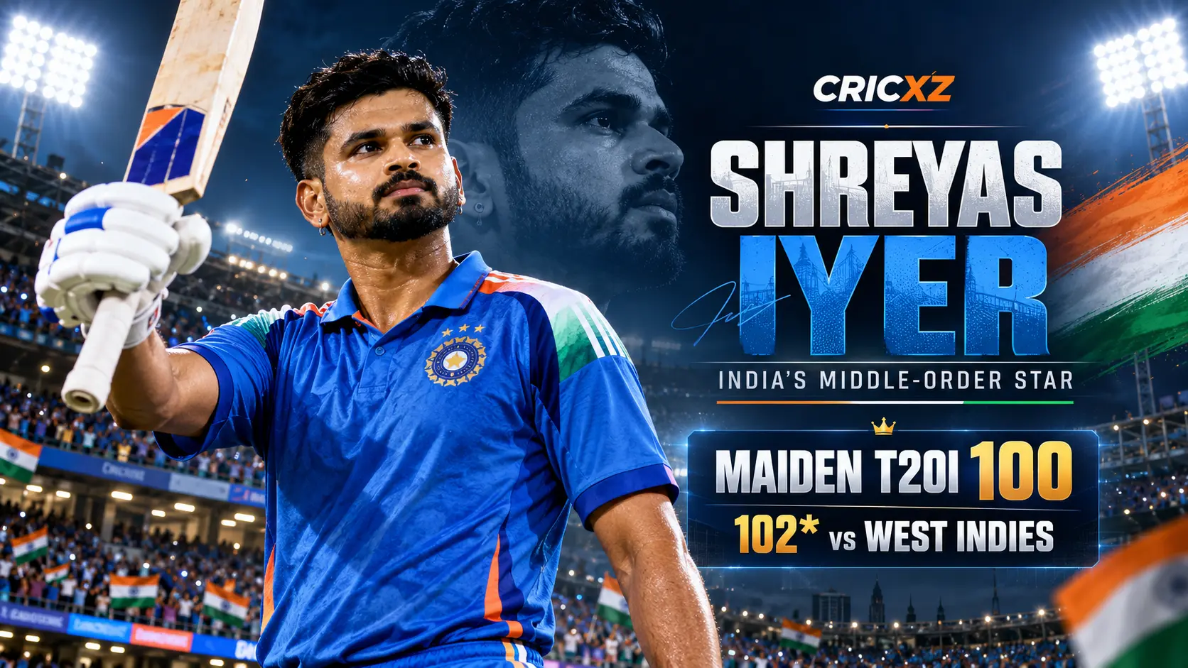 Shreyas Iyer profile and career records graphic for CricXZ