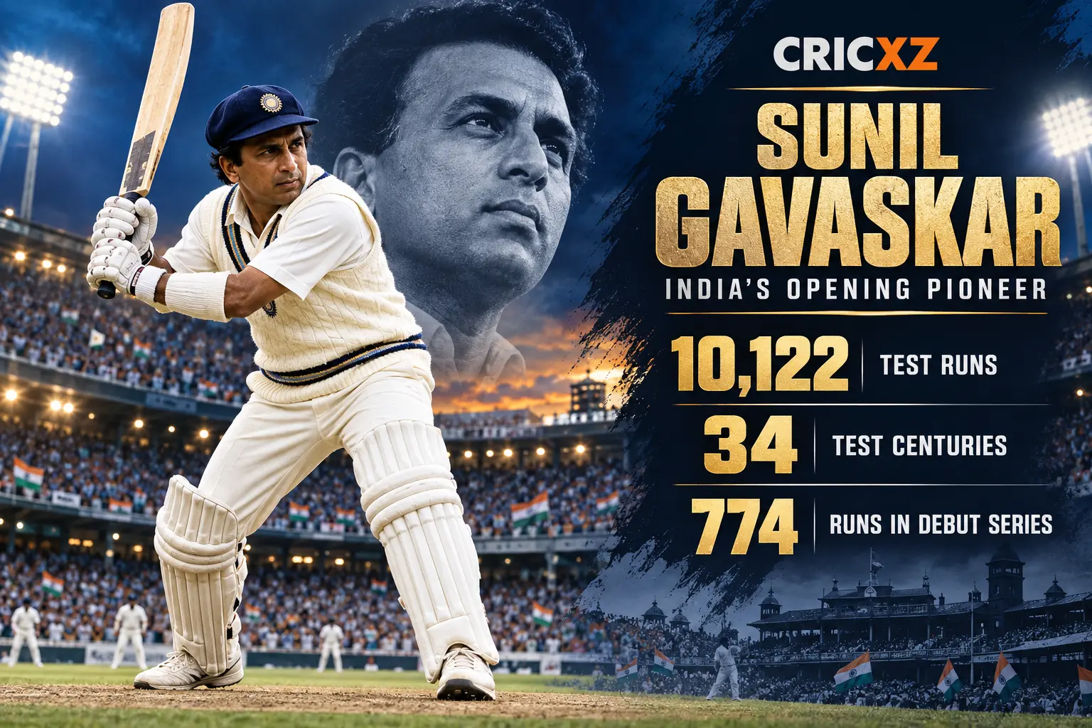 CricXZ graphic of Sunil Gavaskar with Test run and century records