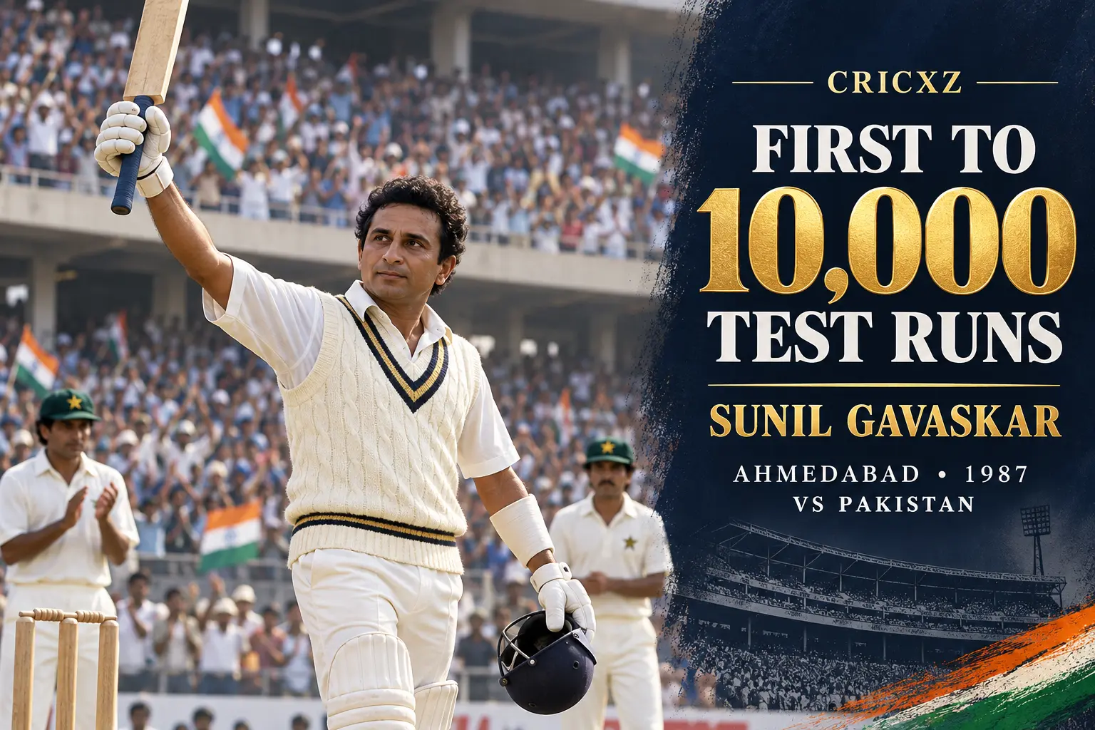 CricXZ historical illustration of Sunil Gavaskar becoming the first batter to score 10,000 Test runs in Ahmedabad in 1987