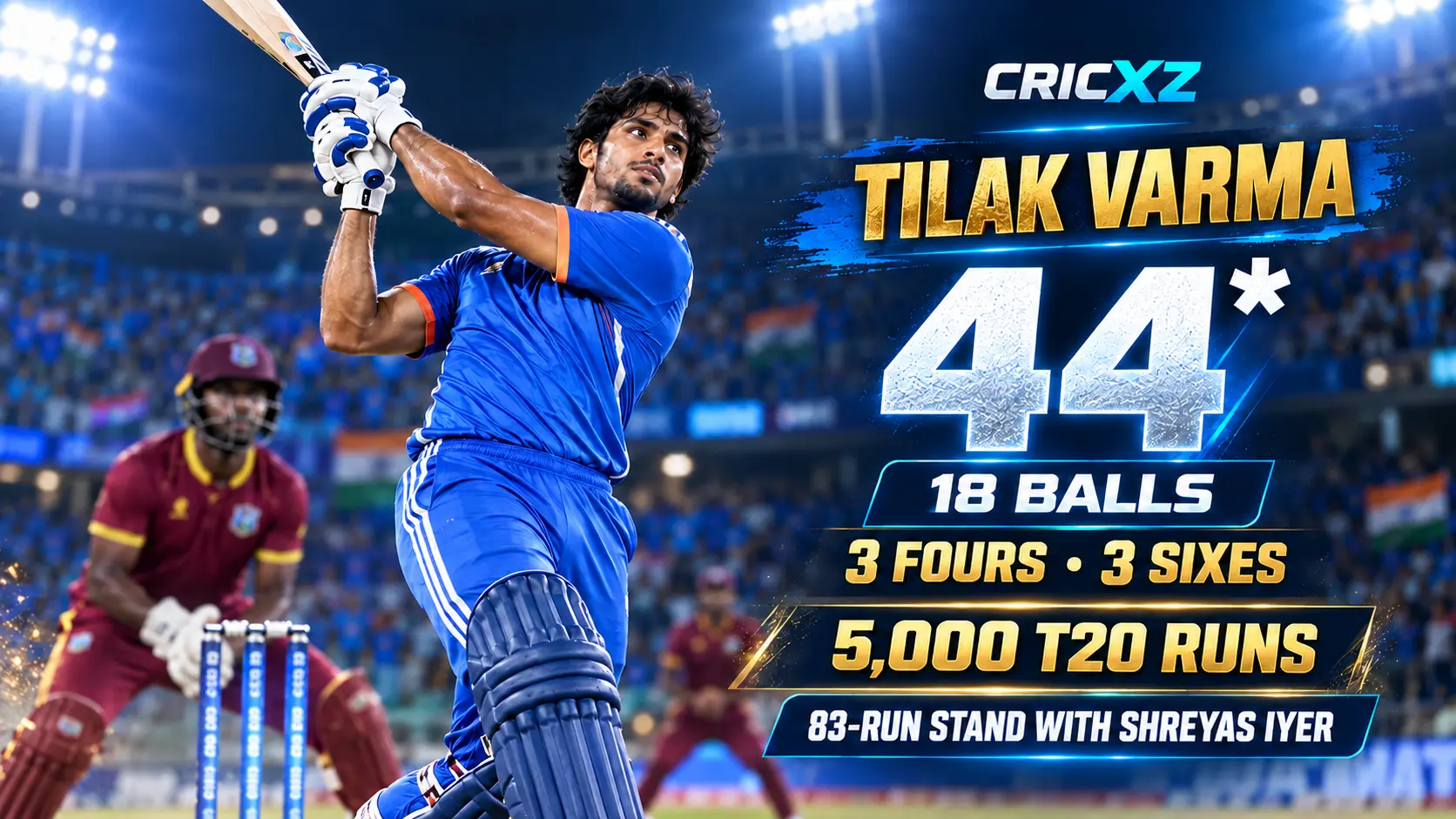 CricXZ graphic celebrating Tilak Varma's unbeaten 44 from 18 balls against West Indies in Ranchi