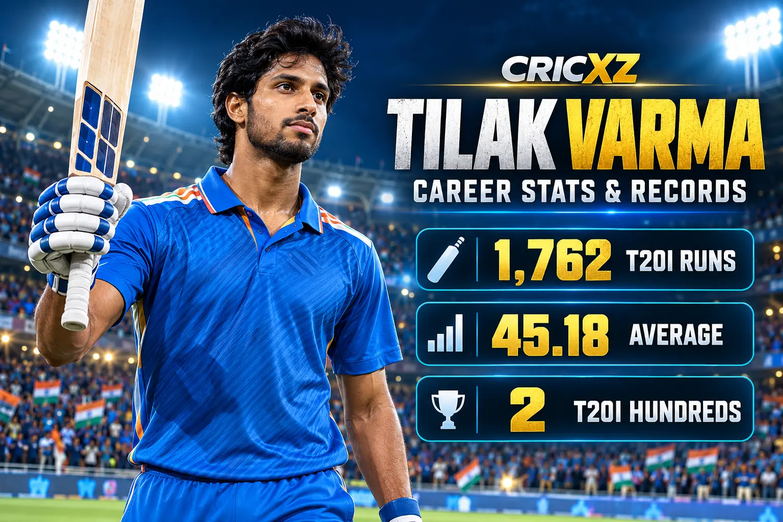 Tilak Varma career statistics and records graphic for CricXZ