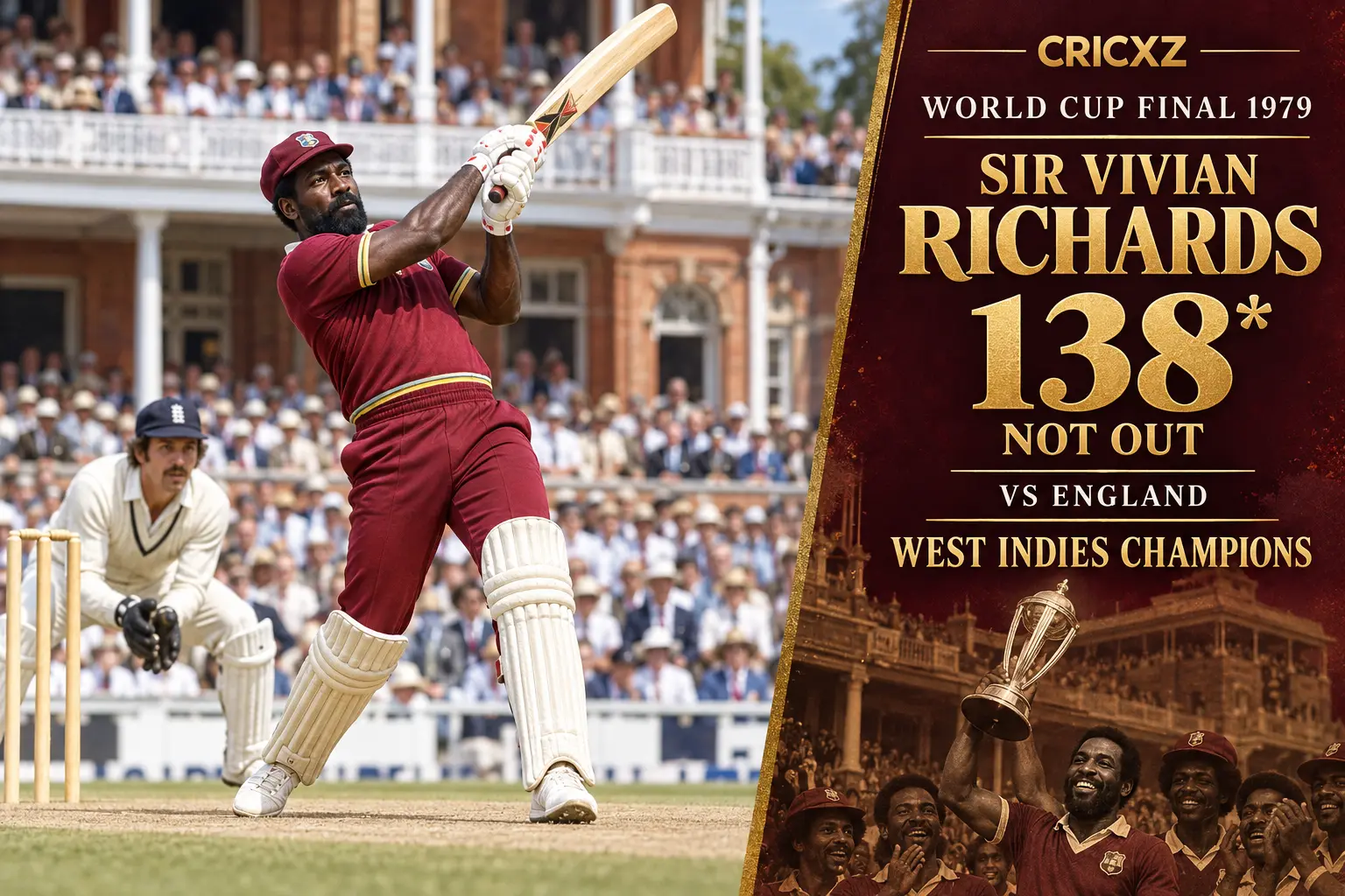 CricXZ historical illustration of Sir Vivian Richards scoring an unbeaten 138 in the 1979 World Cup final at Lord's