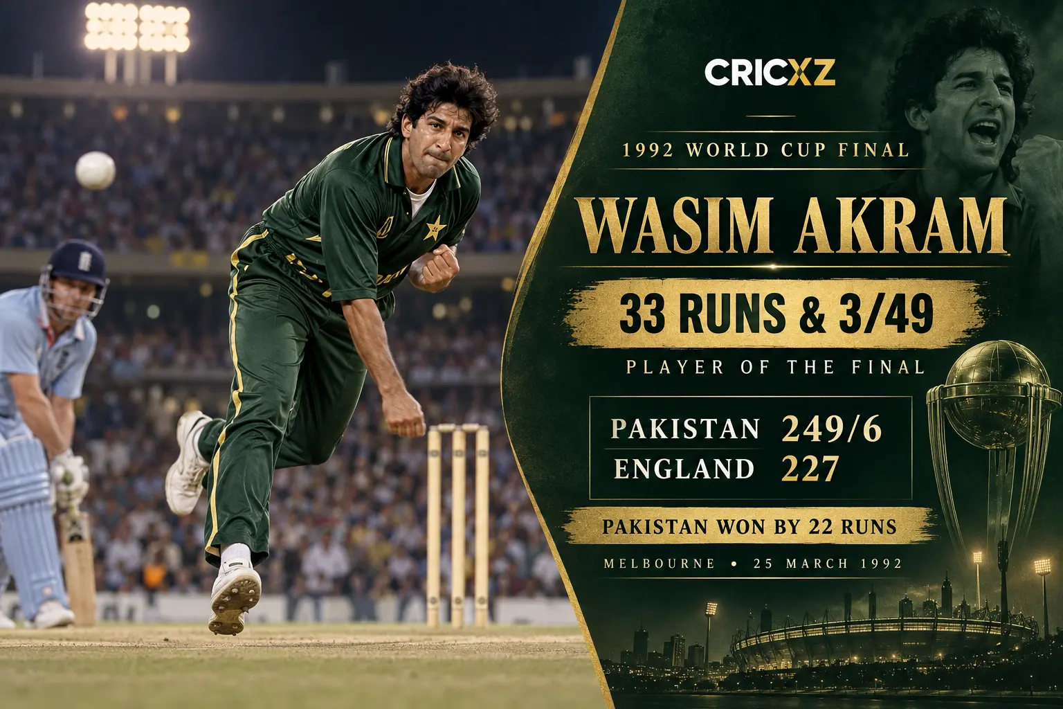 CricXZ historical illustration of Wasim Akram's Player-of-the-Final performance in Melbourne