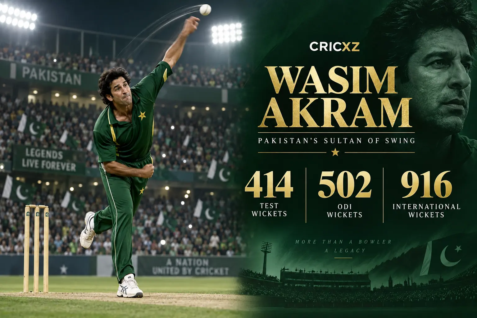 CricXZ graphic of Wasim Akram with Test, ODI and international wicket records