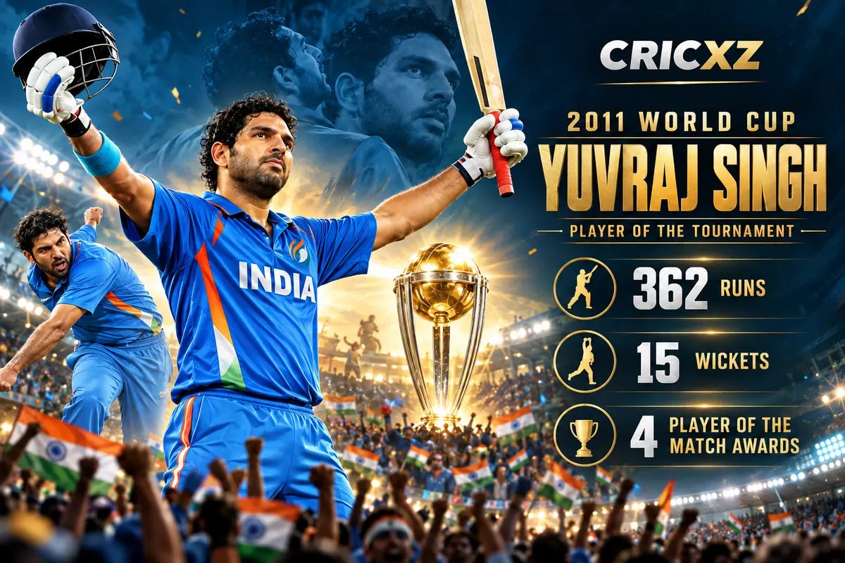 CricXZ graphic celebrating Yuvraj Singh as 2011 World Cup Player of the Tournament